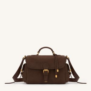 Marina Faux Suede Flap Multi-Pocket Top Handle Crossbody Bag - Dark Brown