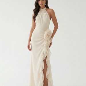 Halter Ruffle Rosette Slit Maxi Dress - Ivory