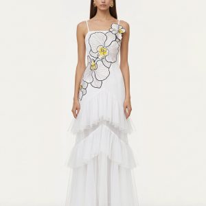 Orchid Embroidered Ruffled Tulle Strapless Maxi Dress - White