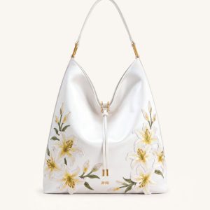 Aria Embroidered Lily Shoulder Bag - Off White