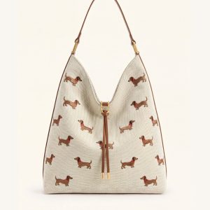 Aria Dog Embroidered Shoulder Bag - Caramel Brown