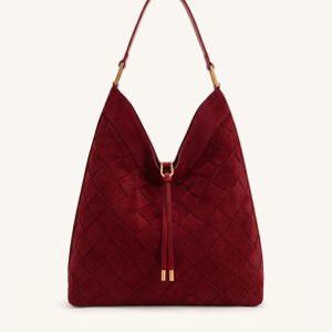 Aria Faux Suede Woven Shoulder Bag - Burgundy