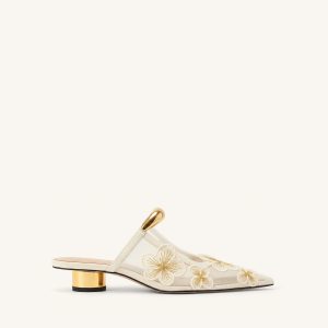 Helena Pierced Floral Mesh Mules - Ivory