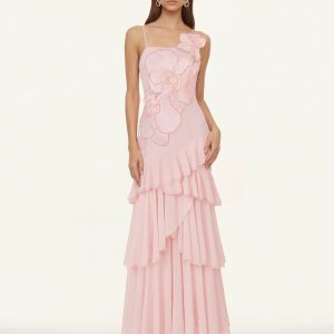 Orchid Embroidered Ruffled One-Shoulder Maxi Dress - Blush Pink