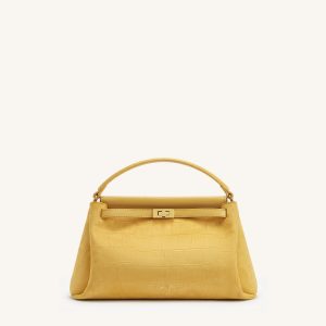 Carmen Faux Suede Croc-Embossed Top Handle Bag - Yellow