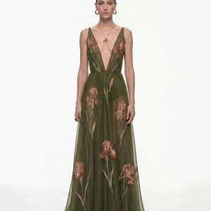 Sheer Floral Print Maxi Dress - Olive