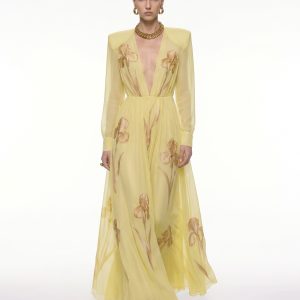 Iris Floral Print Long-Sleeve Sheer Gown - Yellow