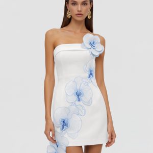 Orchid Embroidered Floral Appliqué Strapless Mini Dress - White Blue