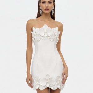 Orchid Trim Strapless Mini Dress - White