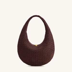 Nola Faux Suede Woven Hobo Shoulder Bag - Dark Mocha