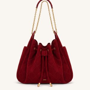 Rowan Faux Suede Quilted Chain Bucket Bag - Dark Red