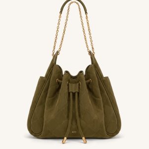 Rowan Faux Suede Quilted Chain Bucket Bag - Olive Green