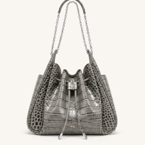 Rowan Ruched Drawstring Chain Bucket Bag - Grey Croc