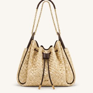 Rowan Faux Straw Ruched Drawstring Chain Bucket Bag - Brown