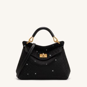 Lucia Classic Artificial Crystal Top Handle Bag - Black
