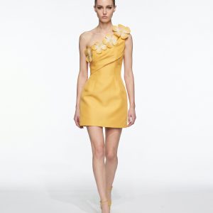 Floral Appliqué One Shoulder Mini Dress - Yellow