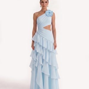 One Shoulder Cutout Ruffle Chiffon Maxi Dress - Blue