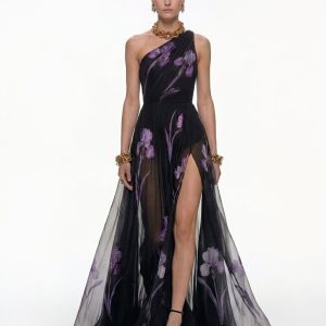 Floral One Shoulder Maxi Dress - Black
