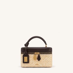 Cleo Faux Straw Box Shape Top Handle Bag - Brown