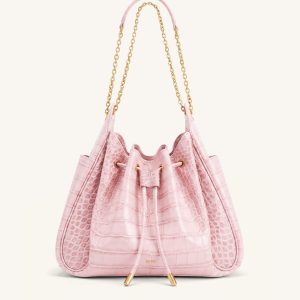 Rowan Ruched Drawstring Chain Bucket Bag - Pink Croc