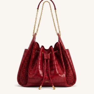 Rowan Ruched Drawstring Chain Bucket Bag - Dark Red Croc