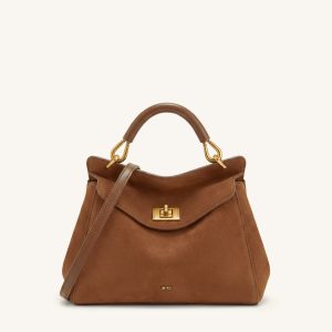 Lucia Classic Faux Suede Top Handle Bag - Dark Red Brown