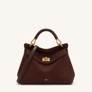 Lucia Classic Faux Suede Top Handle Bag - Dark Brown