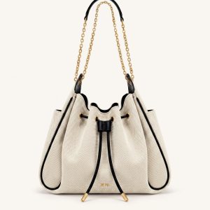 Rowan Ruched Drawstring Chain Bucket Bag - Black Canvas