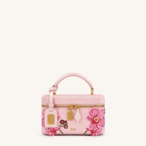 Cleo Embroidered Box Shape Top Handle Bag - Sakura Pink