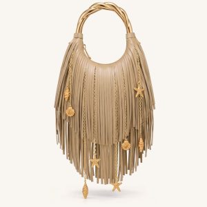Chloe Metal Handle Fringe Top Handbag - Khaki