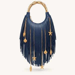Chloe Metal Handle Fringe Top Handbag - Navy Blue