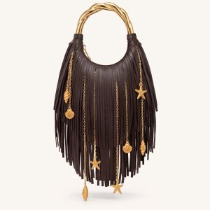 Chloe Metal Handle Fringe Top Handbag - Dark Brown