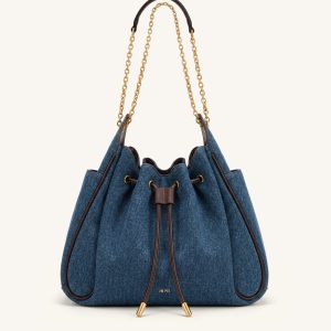 Rowan Ruched Drawstring Chain Bucket Bag - Dark Blue Denim