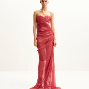 Mia Strapless Sheer Glitter Gown - Scarlet