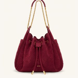Rowan Faux Suede Weaving Ruched Drawstring Chain Bucket Bag - Dark Cherry