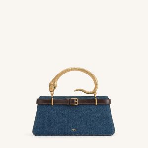 Elena Snake Handle Top Handle Bag - Dark Blue Denim