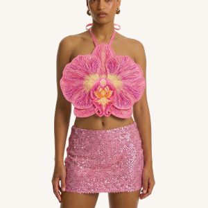 3D Orchid Halter Crop Top - Pink