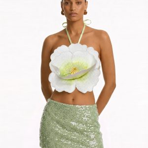 3D Floral Halter Crop Top - Ivory