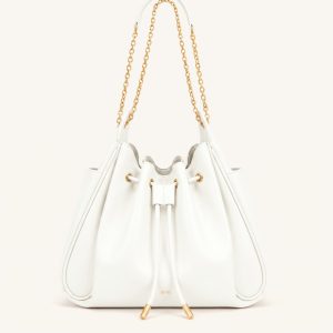 Rowan Ruched Drawstring Chain Bucket Bag - Ivory