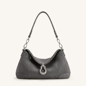 Jayla Faux Suede Metal Pendant Embellished Shoulder Bag - Dark Grey
