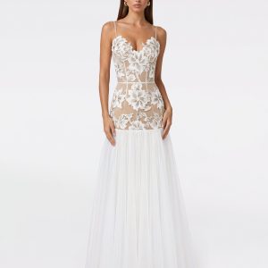 Floral Appliqué Sheer Tulle Maxi Dress - White