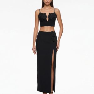 Orchid Embroidered Appliqué Corset Bustier Top - Black