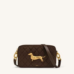 Riley Faux Suede Dachshund Quilted Shoulder Bag - Dark Brown