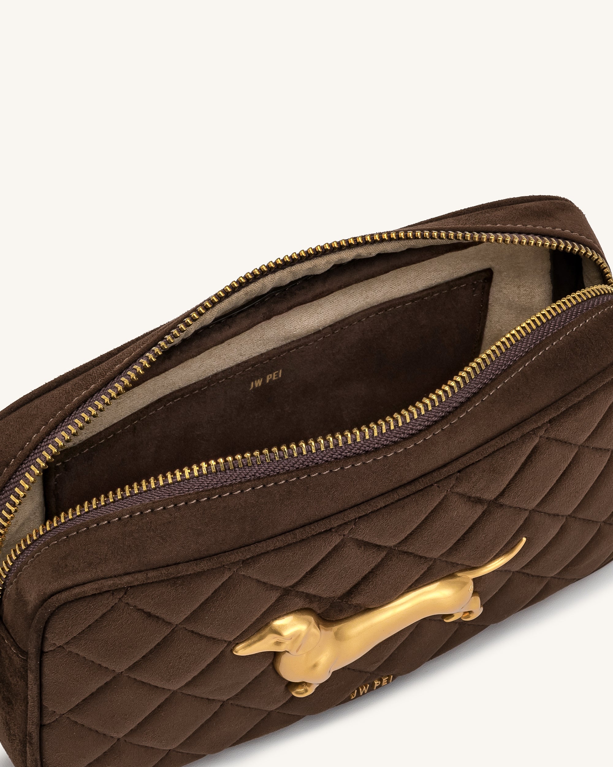 Riley Faux Suede Dachshund Quilted Shoulder Bag - Dark Brown - Image 4