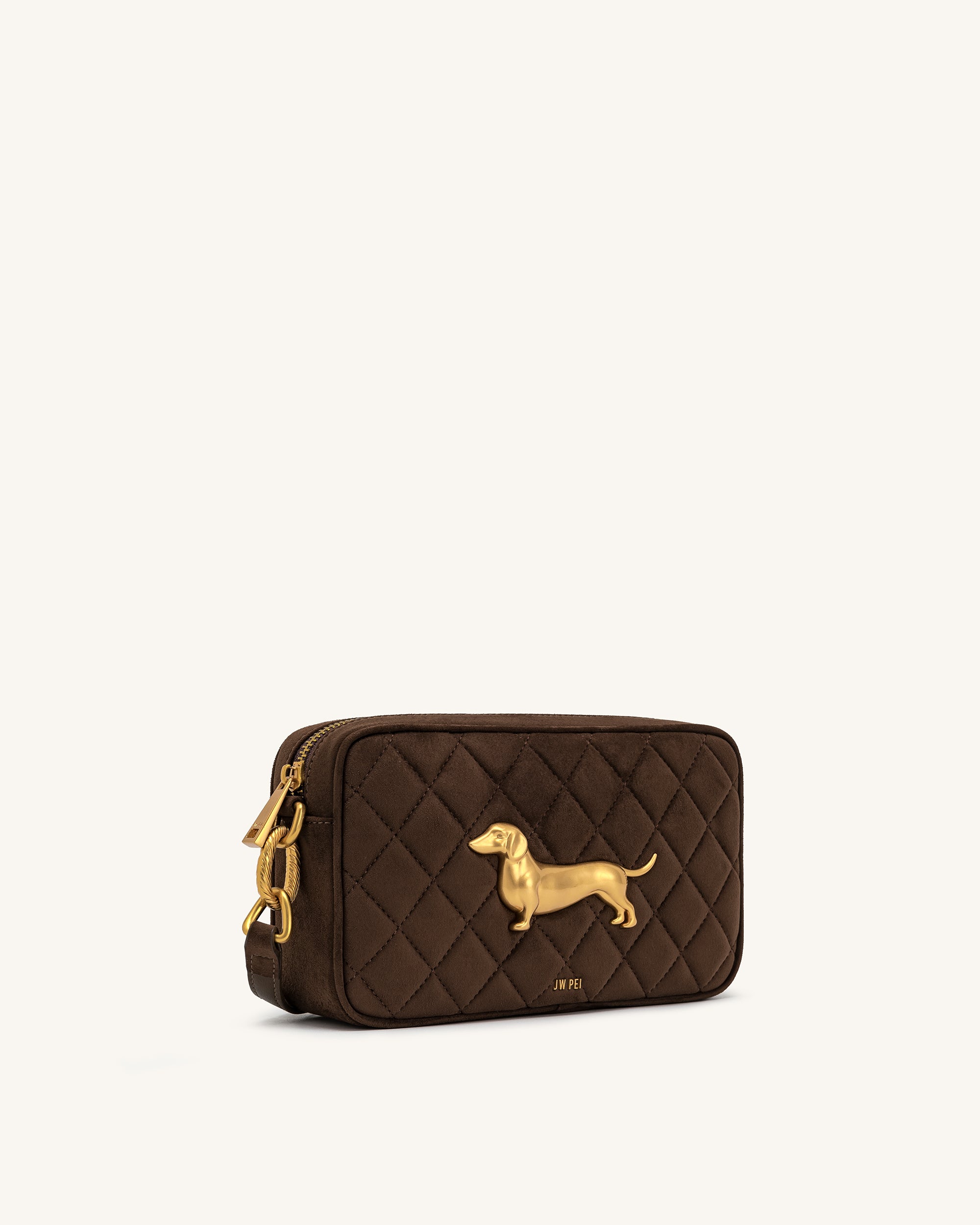 Riley Faux Suede Dachshund Quilted Shoulder Bag - Dark Brown - Image 2