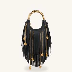 Chloe Metal Handle Fringe Top Handbag - Black