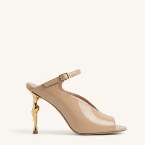 Alivia Gold Metal Peep-Toe Heels - Khaki