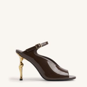 Alivia Gold Metal Peep-Toe Heels - Dark Brown