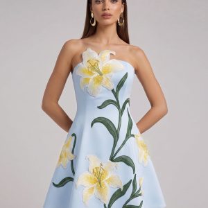 Lily Floral Print Strapless A-Line Mini Dress - Light Blue