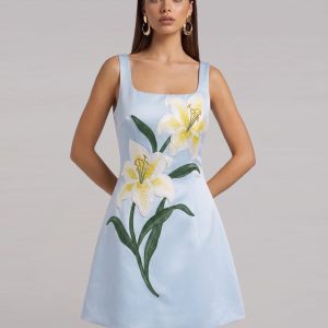 Lily Floral Print Sleeveless A-Line Mini Dress - Light Blue